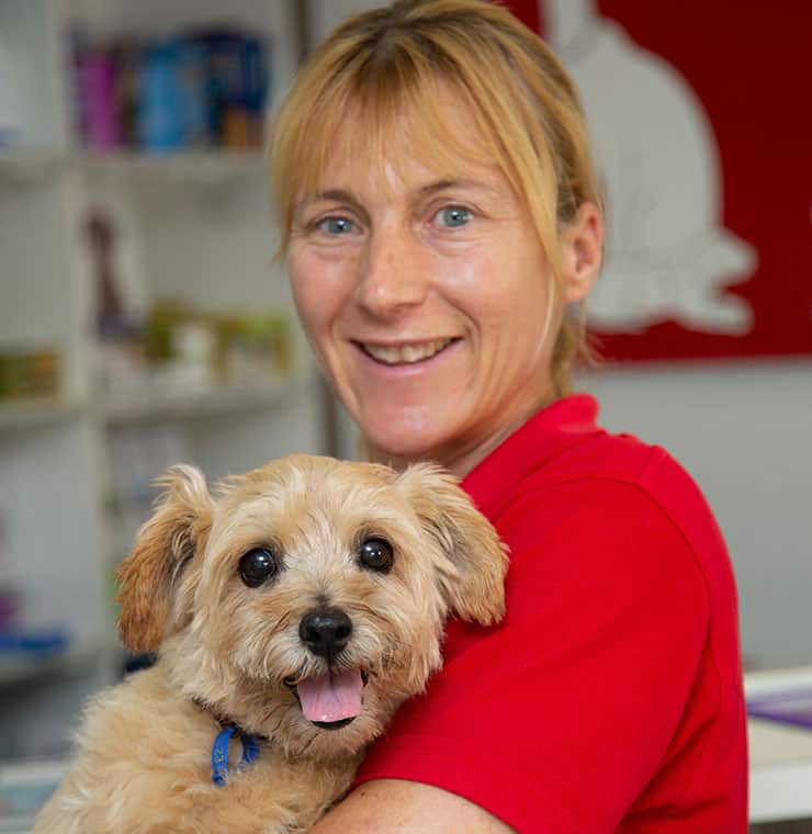 A veterinarian holding a dog in her arms